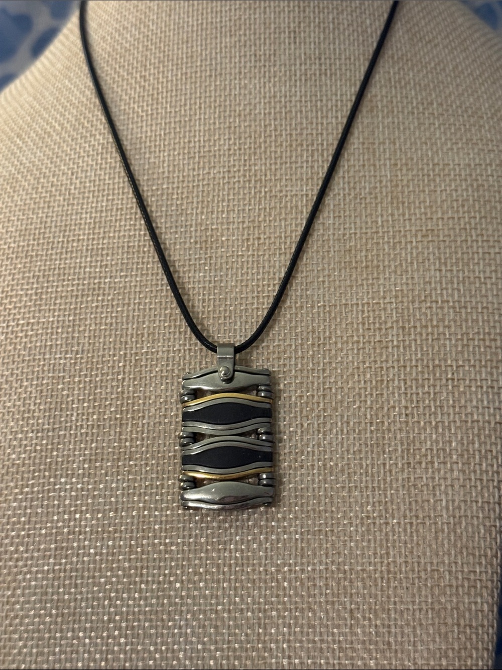 Two-Tone Black and Gold Rectangular Pendant Necklace